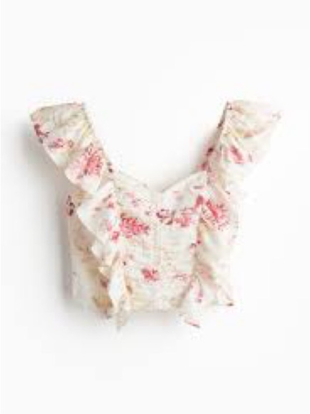 H&M Crop Floral Ruffle Smocked Women's Top Pink/Cream Linen Blend Size M - Picture 10 of 11